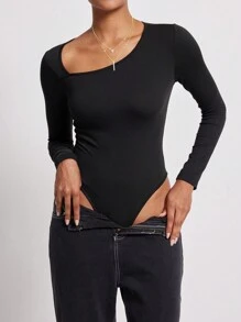 INAWLY Women Solid Asymmetric Neck Long Sleeve Bodysuit - Black - View 4