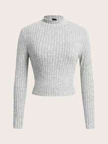 SHEIN EZwear Plus Size Solid Color Stand Collar Long Sleeve Ribbed Minimalist Casual T-Shirt - Multicolor - View 9