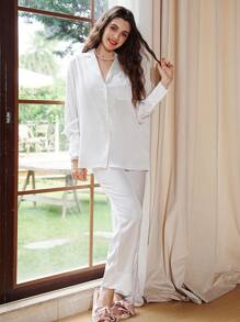 Côtesoire Blouse met zak aan de voorkant en broek PJ-set / pyjamaset Witte set Vakantieseizoen, vakantie