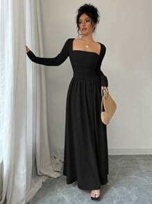 Selianne 女士二合一圆领长袖收腰 A 字下摆连衣裙长款女装 - 黑色 - 查看 6