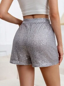 SHEIN Privé 女士时尚休闲松紧腰亮片短裤 - 銀色 - 查看 2