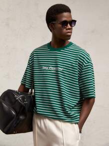 AKNOTIC Business Casual Men's Loose Knit Striped Round Neck Short Sleeve T-Shirt - Green - View 3