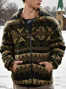 Manfinity VCAY Men Retro Knitted Casual Pattern Loose Fit Hooded Long Sleeve Jacket, For Fall Winter - Army Green - View 4