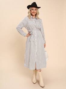 SHEIN LUNE 加大码条纹纽扣衬衫裙，秋季休闲装，办公室装扮节日装扮节日派对礼服加大码 - 黑與白 - 查看 5