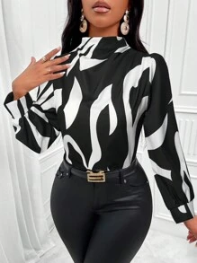 SOLERSUN Áo sơ mi dài tay cổ đứng in họa tiết toàn bộ (Họa tiết in họa tiết toàn bộ là ngẫu nhiên) - màu đen - Xem 1