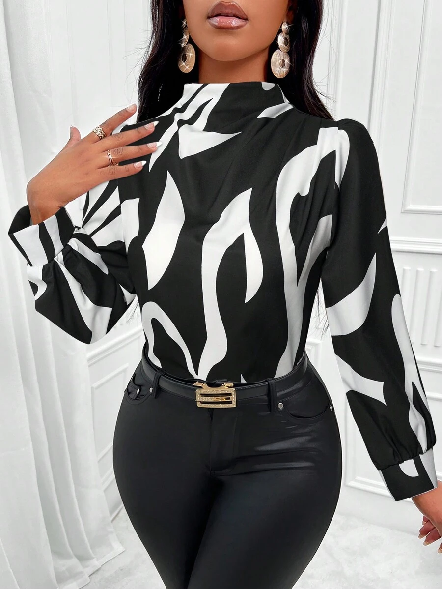 SOLERSUN Áo sơ mi dài tay cổ đứng in họa tiết toàn bộ (Họa tiết in họa tiết toàn bộ là ngẫu nhiên) - màu đen - Xem 1