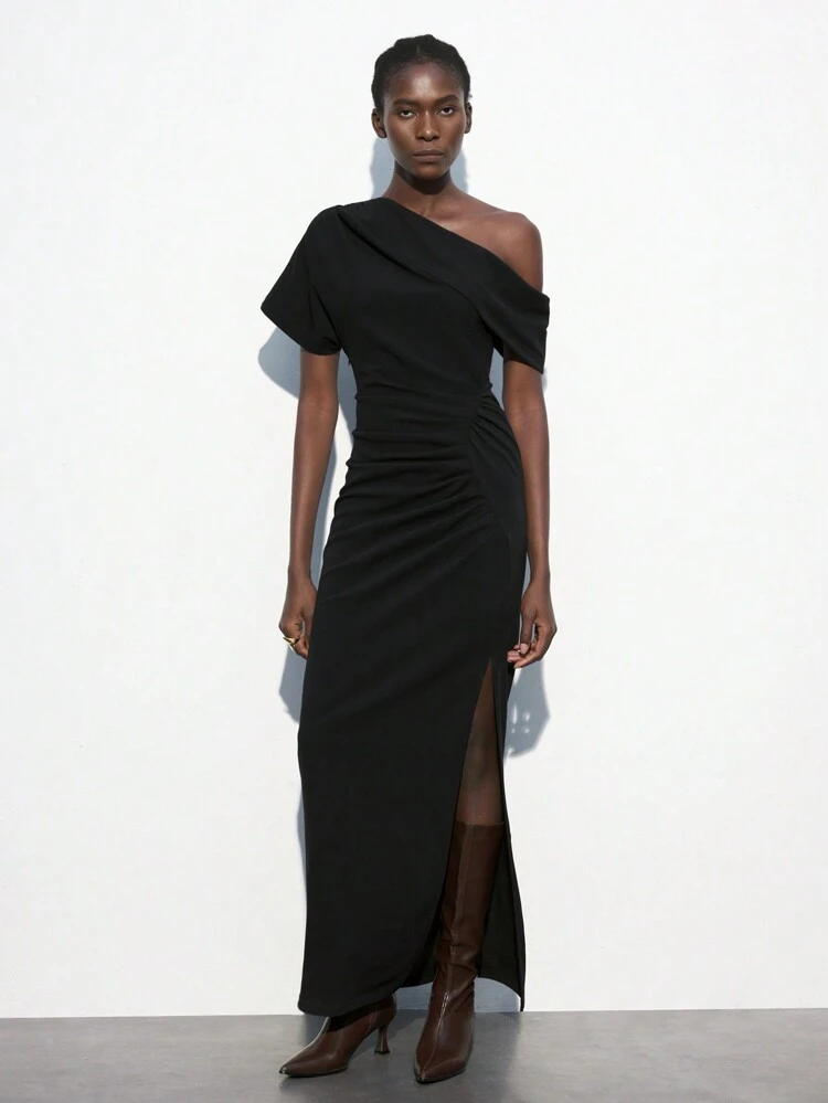 SHEIN Maija Vestido negro con diseño asimétrico en el hombro, versátil para primavera/verano, vestido elegante de cóctel de silueta ceñida sin mangas, moderno y urbano, para todas las temporadas