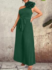 Celure 大码女式优雅纯色褶皱花卉装饰不对称肩带环连体裤，时尚设计