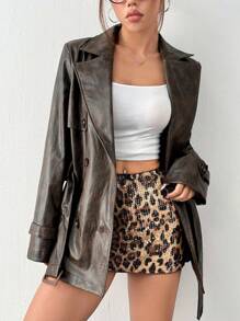SHEIN EZwear Women's Brown Fashion Street Style New Double Breasted Faux Leather Jacket With Belt - Brown - View 3
