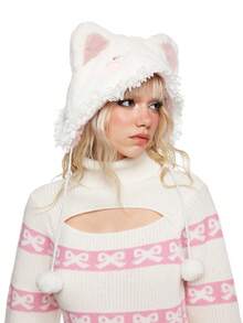 ROMWE Kawaii 1 chiếc mũ len thiết kế tai lông dễ thương có viền ren tua rua cho phụ nữ, mũ mùa đông dày ấm áp có vành tai - Nhiều màu - Xem 5