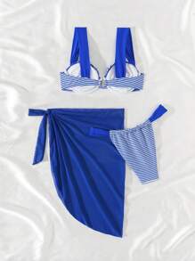 SHEIN Swim Conjunto de 3 piezas de bikini de verano con Top con aros, Bottom y Mini falda a rayas para mujeres - Azul y blanco - Ver 2