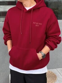 DAZY Men's Letter Print Long Sleeve Drawstring Hoodie Sweatshirt, Autumn - Red - View 8