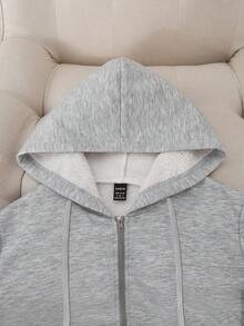 SHEIN LUNE Áo nỉ trùm đầu có dây rút lót nhiệt ấm áp mùa đông cho nữ - Màu Xám nhạt - Xem 4