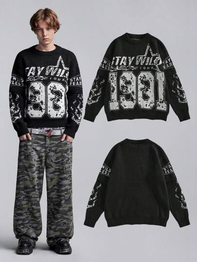 Street Life Casual Letter And Number Graphic Crew Neck Sweater For Men, Autumn/Winter