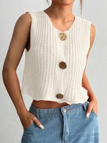 Flirla Fashionable Round Neck Button Decor Minimalist Sleeveless Knit Top