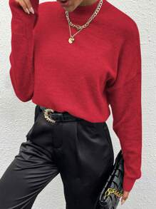 SHEIN Unity 女士宽松针织毛衣，休闲套头衫，纯色毛衣，新年秋冬款 - 紅色 - 查看 3