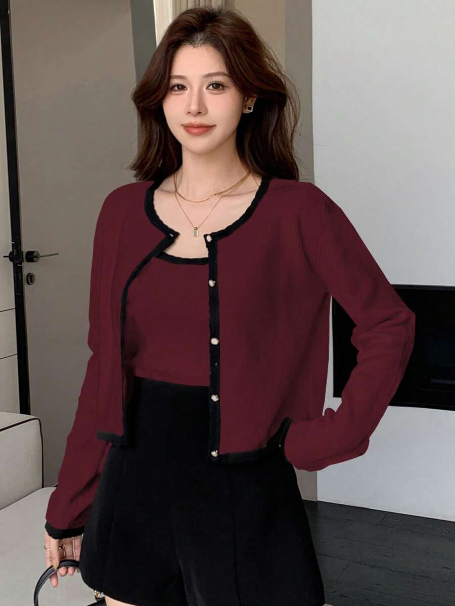 DAZY 2pcs Women Contrast Color Cami Top Cardigan Set,Fall Clothes Women Sweater - Burgundy - View 1
