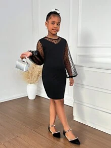 SHEIN Tween Girl Elegant Casual Street Style Heart Flocked Mesh Patchwork Petal Sleeve Casual Dress, Suitable For Party And Outings In Autumn/Winter - Black - View 3