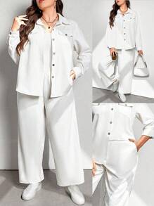 Calvaya 2 件宽松休闲 V 领长袖衬衫和长裤套装 - 白色 - 查看 1