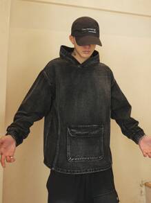 Manfinity Roghcode Men's Casual Denim Jacket With Hood And Pockets, Long Sleeve, For Autumn - Black - View 8