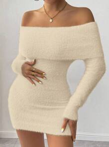 Chiquease 1 件休闲纯色露肩修身迷你毛衣连衣裙，秋冬 - 杏色 - 查看 7