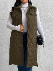 SHEIN LUNE Plus Size Women Single Breasted Long Padded Padded Vest Jacket, Solid Color, For Winter New Years Women Outfit Winter Dresses Winter Clothes Women Rave Outfits Thanksgiving Outfit Women