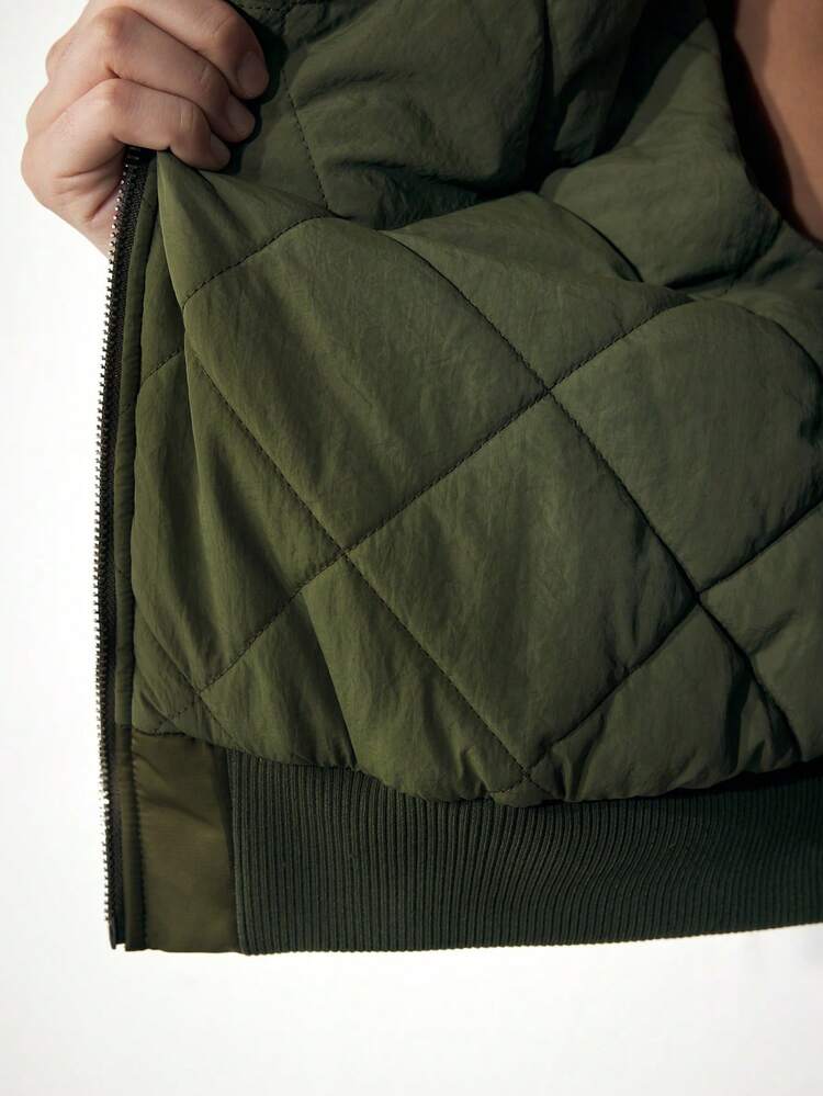 SHEIN Maija Women's Autumn/Winter Warm Army Green Front Zipper Back Embroidery Jacket, Short Outerwear