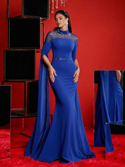 Glamrae Elegante luxe kraag handgemaakte kralen stof splicing rekbare gebreide lange mouw strass buste zeemeermin jurk met afneembare staart, geschikt voor bruiloften, feesten, afstuderen, vakanties, informele gala's (verfraaide editie), avondjurk, voor bruiloftsgasten, diner