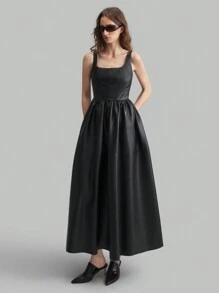 Ontre Vestito lungo elegante da festa con colletto quadrato, orlo oversize, estetica scura, in materiale PU, adatto per l'autunno e l'inverno - nero - Visualizzare 3