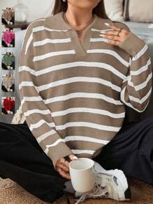Flirla Plus Size Women French Style Striped Turn-Down Collar Pullover Knit Sweater For Autumn, For Winter - Khaki - View 1