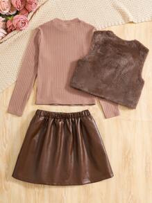 SHEIN Tween Girl 3 件套服装：罗纹立领长袖修身 T 恤、PU 褶裙、蓬松蝴蝶结装饰开衫，适合户外穿着