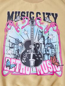 SHEIN Explorewe 2 件套 Tween Girl 迷彩裤和吉他字母印花运动衫套装 - 彩色 - 查看 5