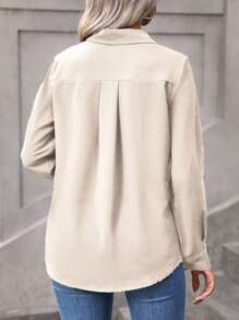 Vionelle Plus Size Solid Color Front Button Placket Long Sleeve Minimalist Blouse, Casual Everyday Wear Women Shirt Fall Cloth For Women - Apricot - View 2