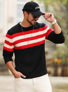 Manfinity CityGents Jersey de cuello redondo de punto casual con estampado rayado de color contrastante de manga larga para hombre - Negro - Ver 6