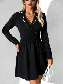 SHEIN Clasi 1 pieza Vestido de suéter de manga larga elegante con dobladillo de burbuja envuelto en cruz de un solo color - Negro - Ver 5