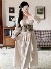 DAZY 女士秋季长袖宫廷风中长连衣裙，新年舞会礼服，荷叶边奢华优雅女装 - 米色 - 查看 2