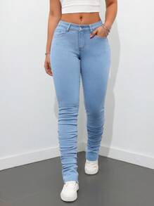 SHEIN Tall 正面纽扣闭合、多口袋、简约休闲紧身喇叭腿牛仔裤 - 淺色水洗藍 - 查看 3