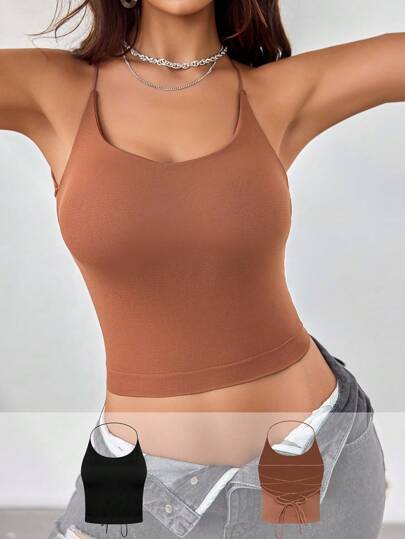 Women's Casual Knitted Spaghetti Strap Criss Cross Backless Top Multicolour Regular Length Medium Stretch Undershirt