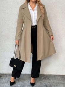 Flirla Plus Size Women's Solid Color Lapel Neck Long Sleeve Casual Coat, Autumn/Winter