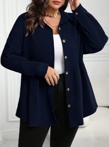 Plus Size Casual Solid Color Cinched Waist Shirt, Autumn