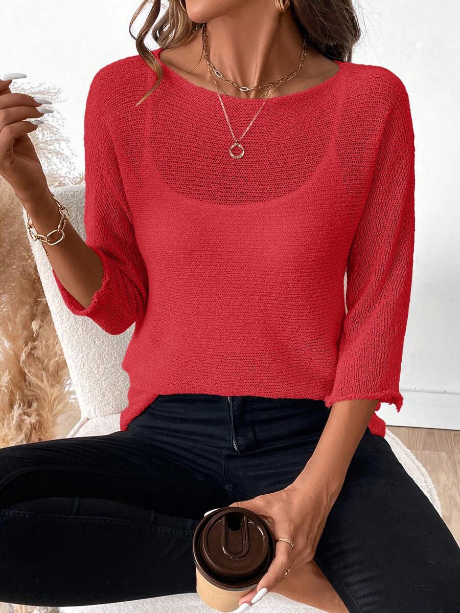 SHEIN LUNE Áo len lưới cổ tròn màu trơn thường ngày - Đỏ - Xem 1