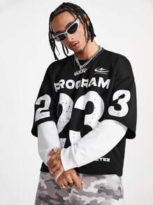 Manfinity VCAY 男士宽松针织长袖套头衫圆领字母长袖拼色卫衣，适合朋友、丈夫、男朋友的礼物，适合秋冬 - 黑與白 - 查看 2