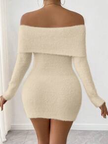 Chiquease 1 件休闲纯色露肩修身迷你毛衣连衣裙，秋冬 - 杏色 - 查看 2