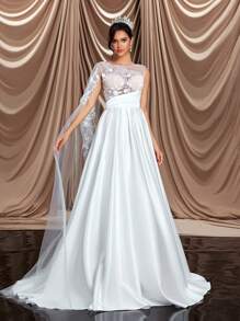 Glamrae 优雅奢华奶油色缎面蕾丝拼布单肩大灯笼袖大裙，适合婚礼、活动、派对和度假 - 米色 - 查看 6