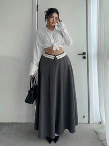 Flirla Váy xòe cạp cao cạp cao thiết kế độc đáo tối giản mới dành cho nữ cỡ lớn, hiệu ứng thon gọn, dáng maxi - Xám - Xem 1