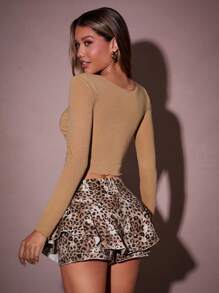 Hauture 1pc Women Solid Color Round Neck Long Sleeve Pleated Minimalist Casual Blouse