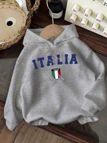 SHEIN Essnce Casual Minimalist ITALIA Graphic Print Loose Fit Women Hoodie Sweatshirt