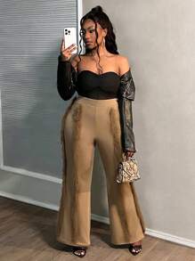 Slaydiva Plus Size Ribbed Brown Pants, Autumn/Winter - Brown - View 4