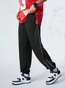 SHEIN Sports 女士撞色条纹前系带休闲运动裤 - 黑色 - 查看 9