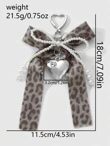 ROMWE Kawaii 1 件 INS 韩式创意时尚独特高品质手工串珠白色仿珍珠，棕色豹纹天鹅绒丝带蝴蝶结，玻璃水晶水钻心形吊坠钥匙扣，适合女性、日常佩戴、节日礼物 - 棕色 - 查看 8